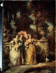 ""La promenade"" (Kävelymatka) Kolme nuorta tyttöä hyvästä perheestä puistossa. Louis Gabriel Eugene Isabeyn (1803-1886) maalaus 1852 Pushkin-museo, Moskova