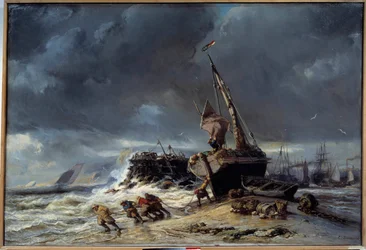 Maree basse, lähtö kalastamaan Louis Eugene Isabeyn (1803-1886) maalaus 1800-luvun Le Havre, Musee des Beaux Arts