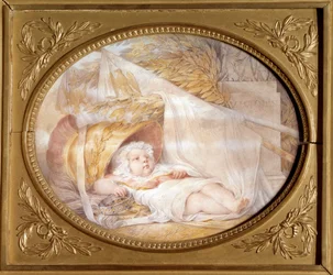 Muotokuva Rooman kuninkaan bebestä (1811-1832) Mars Napoleon II:n kypärässä, Reichstadtin herttua, keisari Napoleon I:n (1769-1821) vastasyntynyt poika. Musta kivi ja beige laavapaperi, Eugene Isabey (1803-1886) Maaliskuu 1811 Su. 0,21x0,26 m Malmaison, mu