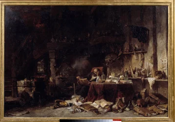 Alkemistin työpaja Se on täynnä pulloja, pulloja, stillkuvia. maalaus Louis Gabriel Eugene Isabey (1803-1886) 1848 Su. 0,66x0,99 m Lillen kauneusmuseo.