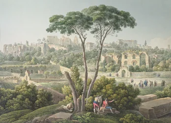 Näkymä Palatinus-kukkulalle Roomassa ja keisarien palatsin rauniot taustalla, noin 1800