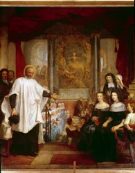 Saint Vincent de Paul vierailee hyväntekeväisyyden naisten edessä löydetyssä lasten laitoksessa. Louis Gallochen maalaus 1732. Pariisi, Pyhän Margueriten kirkko