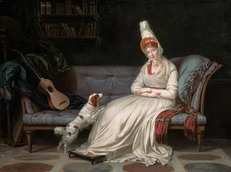 Muotokuva Elizabethista, Lady Websteristä, myöhemmin Lady Hollandista, valkoisessa mekossa spanieli Pierrot