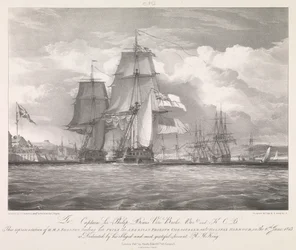 HMS "Shannon" vie saaliinsa amerikkalaisen fregatin "Chesapeake" (1806) Halifaxin satamaan, Nova Scotia, 6. kesäkuuta 1813, noin 1815 (litografia).