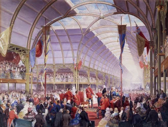 Sir Thomas Fairbairn luovuttaa puhuttelukirjelmän prinssipuolisolle Manchesterin taideaarteiden näyttelyssä toukokuussa 1857