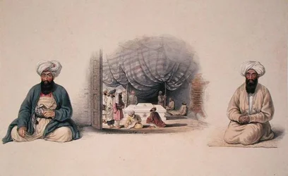 Khan Shereen Khan ja Hagee Khan Kaiker reunustavat sisäkuvaa Dost Mohamedin haudasta Kapteeni Lockyer Willis Hartin kirjoittamasta Afghuanistanin hahmoista ja puvuista, julkaistu 1843 (värilitho)