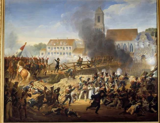 Ohitettuaan Landshutin sillan 21.4.1809 kenraali Mouton ohjasi 17. rykmentin linjamaalauksen grenadiereja Louis Hersentin (1777-1860)