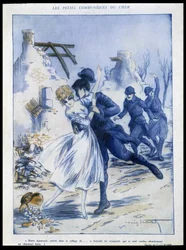 Sotilaat saapuvat kaupunkiin, toinen suutelee naista, "" hurmaava ryöstö", kuvitus: Louis Icart (1888-1950) "" Fantasiossa"" 15.12.1915