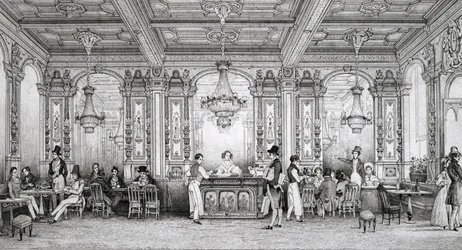 Cafe de la Banque de France, jonka rakensi arkkitehti Dusillon ja joka sijaitsee Place de Victoirella - Schaalin kaiverrus - 1839 -