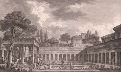 Ihanteellinen Villa of Diomedes Pompejissa sen alkuperäiseen tilaan ennen Vesuviuksen tulivuoren purkausta vuonna 79 jKr, Campania, Italia, etsaus Louis Jean Desprezin (1743-1804) piirustuksen mukaan, noin 21x34 cm