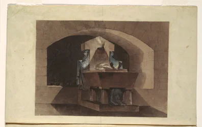 Piirros, Egyptiläiseen tyyliin tehty hautakammio, jossa karyatideja ja leijona, n. 1779-84.