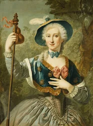 Naisen muotokuva, kolme neljäsosaa, pyhiinvaeltajaksi pukeutunut, sinisellä vuorattu olkihattu ja höyhen, 1747
