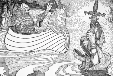 Kuvaus Lady of the Lakesta (fee viviane), Arthurian legendojen hahmo, joka antaa kuningas Arthurille epee Excaliburin (Arthurian legenda: Lady of the Lake (Nimue, Viviane) antaa kuningas Arthurille miekkansa Excaliburin) Louis Rheadin kuvitus (1858) -1