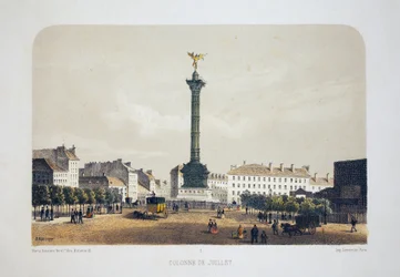 Heinäkuun sarake (Place de la Bastille), Pariisi. Litografia-akvarelli, kuvitus Arnout, "Album, souvenirs de Paris"", Daziaro-toimittaja, Paris