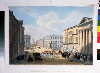 Pietarin poliisisilta Nevski prospektilta Stroganovin palatsista katsottuna. Litografia Louis Jules Arnout (1814-1868), värillinen