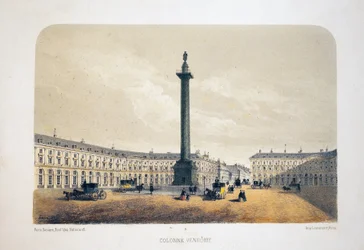 Vendome-pylväs, Pariisi. Litografia-akvarelli, kuvitus Arnout, "Album, souvenirs de Paris"", Daziaro-toimittaja, Paris