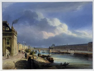 Näkymä Pont du Carrouselille ja Grand Galerie du Louvrelle - Arnoutin "Pariisissa 1837"