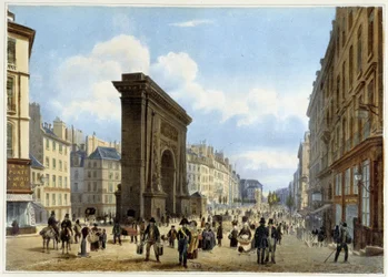Porte de St Denis - teoksessa "Kävely Pariisissa ja sen ympäristössä", suunnitellut Jacottet ja Benoist, n. 1840
