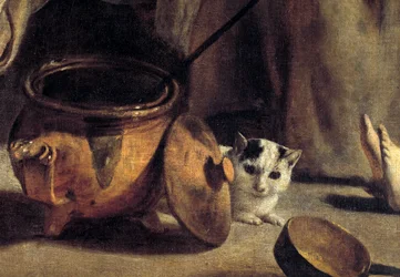 Talonpoikaisperhe sisustuksessa Kissa- ja kupariruukkuja edustava yksityiskohta. Ludvig Nainin (1593-1648) maalaus 1600-luvulta