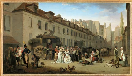 Vaunun saapuminen Messageriesin sisäpihalle, rue Notre-Dame-des-Victoires, Pariisissa ...