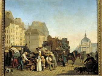 Pariisilaiset sijaistyöntekijät asunnonvaihdon aikana lastaavat kärryihin liikeasioita ja huonekaluja kadulla Pariisissa. Louis Leopold Boillyn (1761-1845) maalaus. 1840 Pariisi, Musee Cognacq Jay