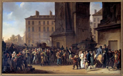 Vuoden 1807 varusmiehet kulkemassa Porte Saint Denisin edestä Pariisissa Louis Leopold Boillyn (1761-1845) maalaus