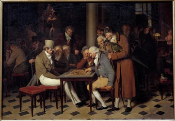 Kahvilan sisustuksessa kerrotaan naistenjuhlista Cafe Lamblinissa Pariisin Palais Royalissa Louis Leopold Boillyn (1761-1845) maalaus 1800-luvun su. 0,38x0,55 m Chantilly, Musee Conde