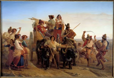 Hakkuukoneiden saapuminen Pontinsin suoalueelle (Agro Pontino) lähellä Roomaa Louis Leopold Robertin (1794-1835) maalaus 1830 su. 1,41x2,12 m