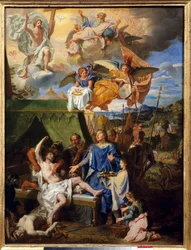Taumaturgia: "" Kuningas Ludvig IX (1214-1270) (Pyhä Louis) taistelee ekrouelleja vastaan"" Louis Licherie De Beury (1629-1687) maalaus su. 0,79 x 0,58 m Rouen, Kuvataidemuseo