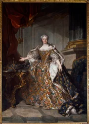 Muotokuva Marie Lesczinskasta (Lesczynska) (1703-1768) Ranskan kuningatar Louis Tocquen (1696-1772) maalaus 1740 su. 2,77x1,91 m - Marie Leczinskan (Leszczynska) (1703-1768) muotokuva - Louis Tocquen (1696-1772) maalaus, öljy kankaalle (277x7x191 cm)