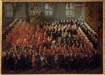 Ludvig XV:n (1710-1774) oikeussängyssä Pariisin parlamentin suuressa salissa murtaakseen Louis XIV:n (1638-1715) tahto