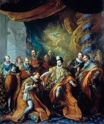 Henry III:n Pyhän Hengen ritarikunnan (Pyhän Hengen ritarikunnan) instituutio Louis Michel van Loon (1707-1771) maalaus. 1700-luvulla. Paris, Musee de la Legion d