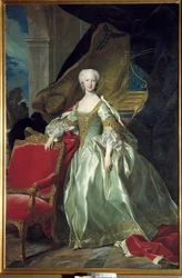 Täyspitkä muotokuva Marie Therese (Marie-Therese) Raphaellesta, Espanjan Infanta, Ranskan Dauphine (1726 - 1746). Louis Michel Van Loon (1707 - 1771) maalaus