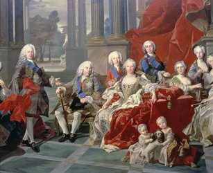 131 0794093/1 Espanjalaisen Philip V:n perhe (1683-1746) yksityiskohta, joka kuvaa kuningasta, hänen toista vaimoaan Elizabeth Farnesea ja tulevaa Ferdinand VI:ta