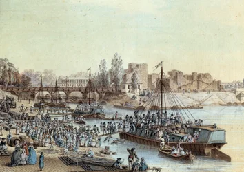 Laivaus Laiva lastasi laiturille saapuvia matkustajia. Piirustus Louis de Lespinasse (1734-1808) 1782. Paris, Musee Carnavalet