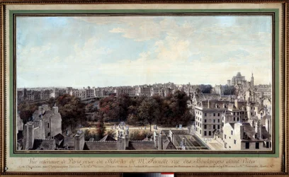 Näkymä Pariisista otettu Monsieur Fournellen belvedere, rue des Boulangers saint Victor Piirustus Louis de Lespinassen (1734-1808) 1700-luvun Pariisi. Karnevaalimuseo