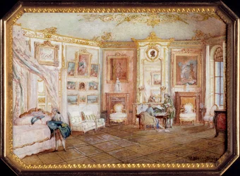 Alexandre Leferren (n. 1806-n. 1838) tabatiere-kansi Louis Nicolas Van Blarenberghen (1716-1794) pienoismaalauksen decoree, joka edustaa Ludvig XV:n alaista huonetta. Noin 1770. Aurinko 0,02x0,08x0,06 m Pariisi, musee du Louvre