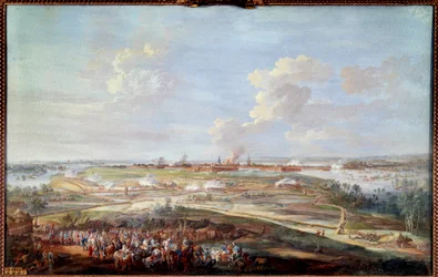 Ludvig XV:n näkymä Meninin piirityksestä 28. toukokuuta - 4. kesäkuuta 1744 Louis Nicolas Van Blarenberghen (1716-1794) guassimaalaus 1780 Su. 0,59 x 0,94 m