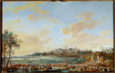 Itävallan perintösota (1741-1748): "" Kuningas Ludvig XV:n saapuminen Monsiin 30.5.1747"" Louis Nicolas Van Blarenberghen (1716-1794) guassi 1783 su. 0,59x0,94 m - Itävallan peräkkäissota (1741-1748): Kuningas Ludvig XV:n tulo Monsissa, 30. toukokuuta