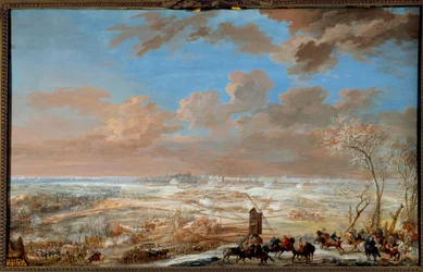 Itävallan peräkkäissota (1741-1748): "" Brysselin piiritys lumen alla Saksin marekhalin toimesta 7. - 20. helmikuuta 1746" Louis Nicolas Van Blarenberghen (1716-1794) guassi 1781 su. 0,59x0,94 m Versailles, linnan museo