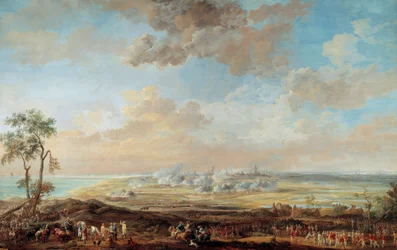 Itävallan perintösota (1741-1748): "" Kenraaliluutnantti Earl of Lowendalin piiritys Oostendessa 13.-23. elokuuta 1745"" Louis Nicolas Van Blarenberghen (1716-1794) guassi 1783 su. 0,59x0,94 m Versailles, linnan museo
