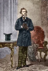 Muotokuva Phileas Foggista, Jules Vernen seikkailuromaanin "Maailman ympäri 80 päivässä" henkilöhahmosta, kuvittanut Louis Paul Pierre Dumont (1822-1882) vuonna 1872