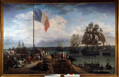 Keisari Napoleon I ja Marie Louise osallistuvat Admiral Trouden laivueeseen Cherbourgissa 30.5.1811 Louis Philippe Crepinin (1772-1851) maalaus 1811 Su. 1,65x2,55 m Malmaison, musee du chateau.