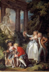 Tarjoaa Galante Venus -kohtauksen muinaisten raunioiden romanttisessa maisemassa. Louis Trinquessen (1746-1800) maalaus 1786 su. 1,30 x 0,98 m. Dijon. Kuvataidemuseo
