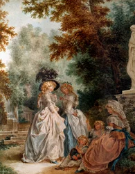 Kävele puistossa Elegant Young Women -hetkellä rentoutuessasi puutarhassa. Louis Trinquessen (1746-1800) akvarelli 1700-luvulla. Pariisi, Musee Carnavalet