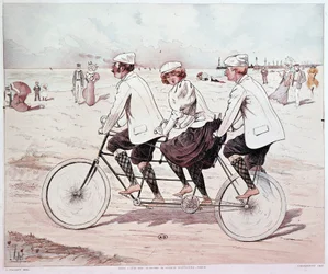 Tandem, kolme ihmistä pyöräilemässä rannalla - piirros L. Vallet