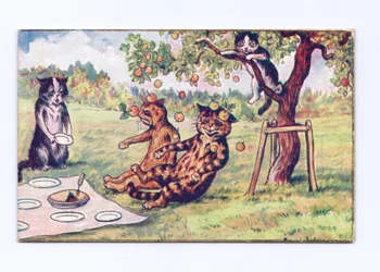 Viktoriaaninen onnittelukortti, jossa omena putoaa kahden kissan päälle piknikillä, noin 1880.