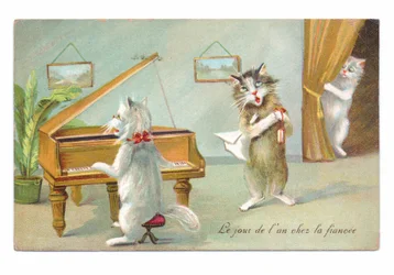 Edvardiaaninen postikortti, jossa yksi kissa soittaa pianoa, toinen laulaa ja kolmas kurkistelee, noin 1910