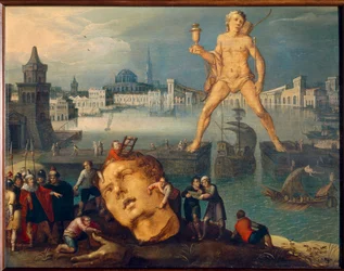 Seitsemän maailman ihmettä: "" Rodoksen kolossi" (Colosso di Rodi) Louis de Caulleryn (tunnetaan Leningradin luonnoskirjan mestarina) maalaus (noin 1580 - 1621 jälkeen) 1600-luvun su. 0,35x0,46 m
