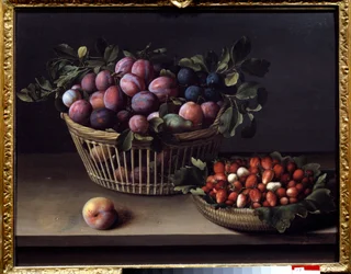 Persikka, mansikoita ja hedelmäkori Louise Moillonin (1610-1696) maalaus 1600-luvulta Toulouse, Musee des Augustins